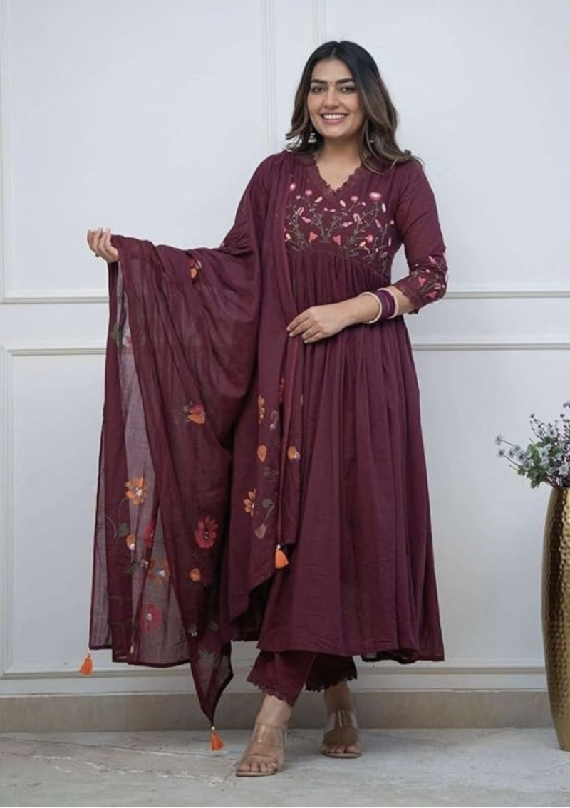 Women's Cotton Embroidered Long Anarkali Kurti With Pant and Dupatta Set | Shop X Now