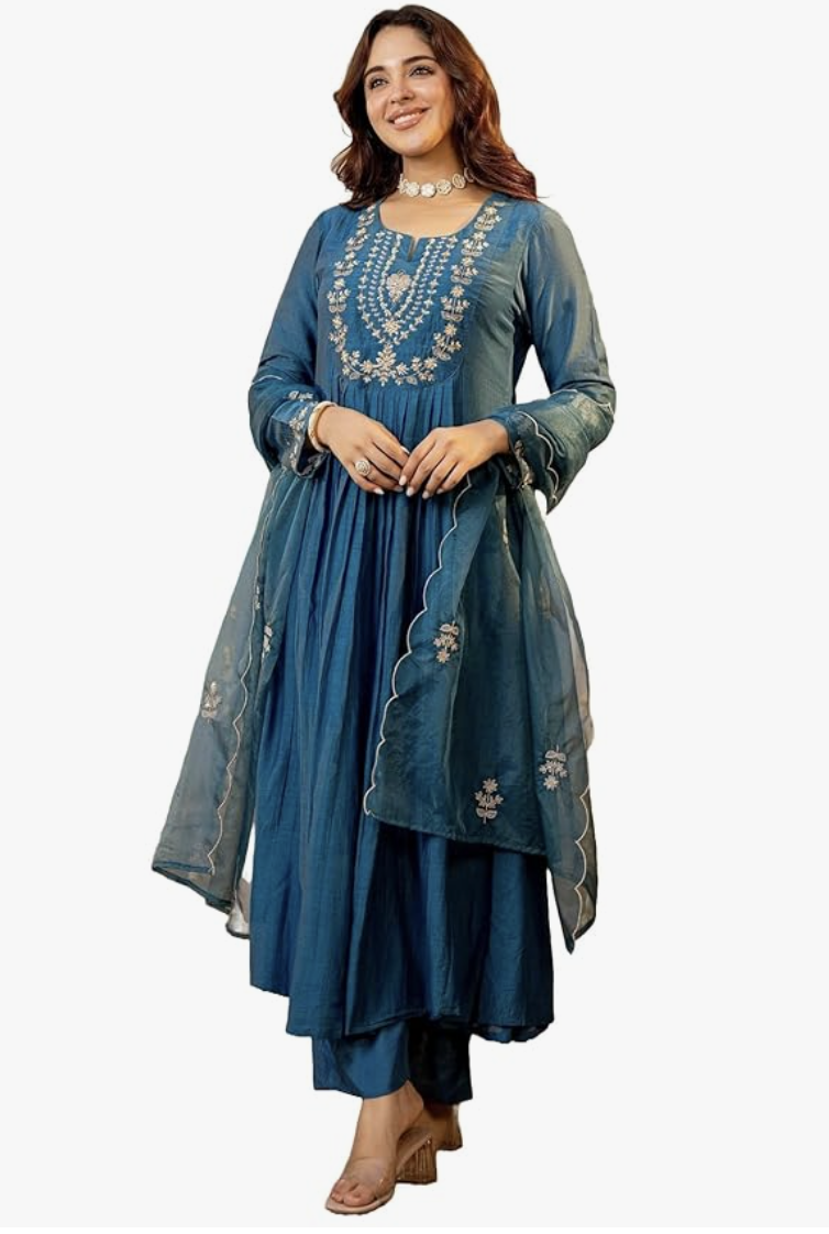 Women Embroidery Solid A-Line Kurta and Pant Set with Dupatta