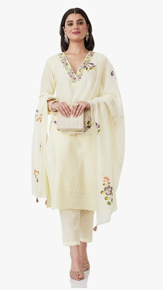 Women's Embroidered Cotton Kurta Pant Set with Dupatta (Available in Plus Sizes)
