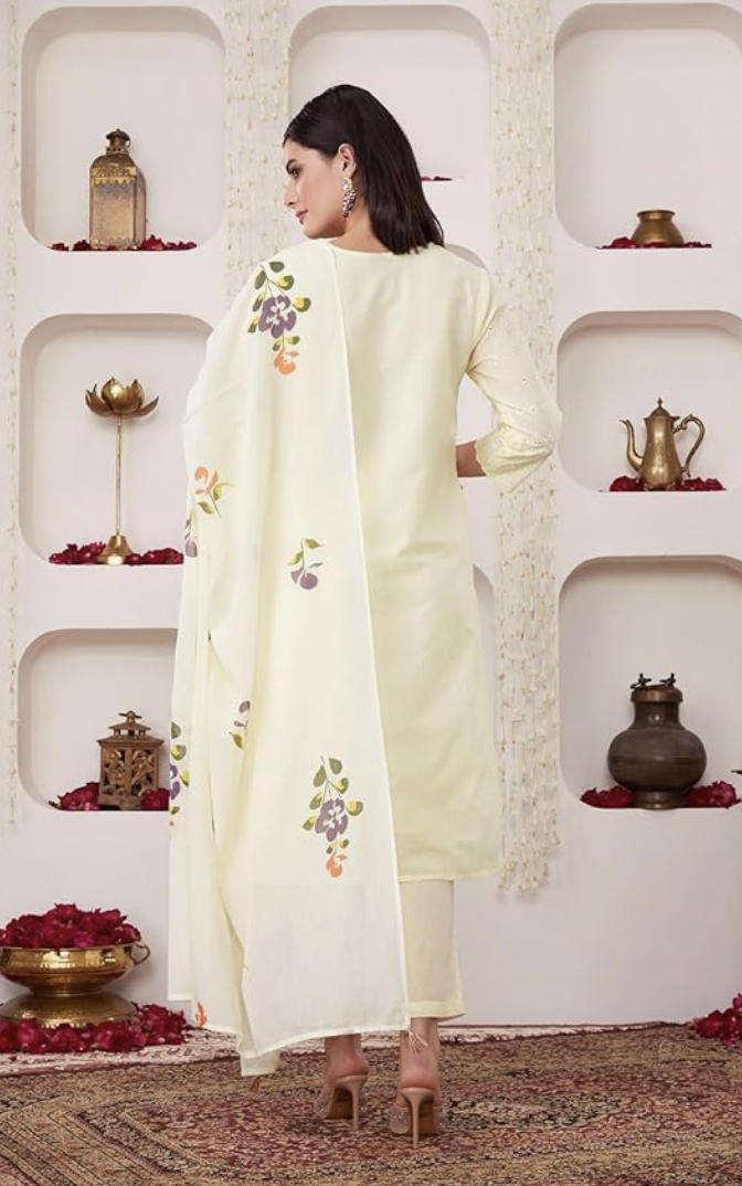 Alternative view of Women's Embroidered Cotton Kurta Pant Set with Dupatta (Available in Plus Sizes)