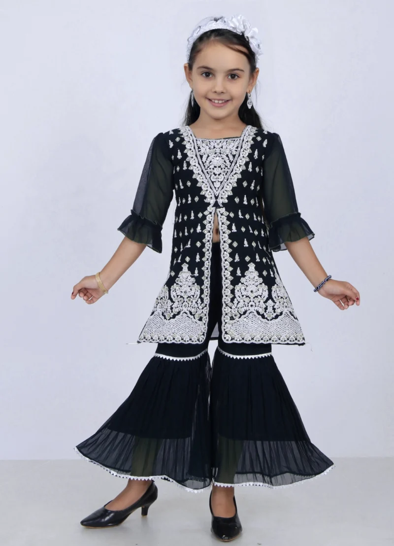 Girls Black Embroidered Sharara Set | Wedding Ethnic Dress | 5–10Y Girls Black Embroidered Sharara Set | Wedding Ethnic Dress | 5–10Y | Shop X Now