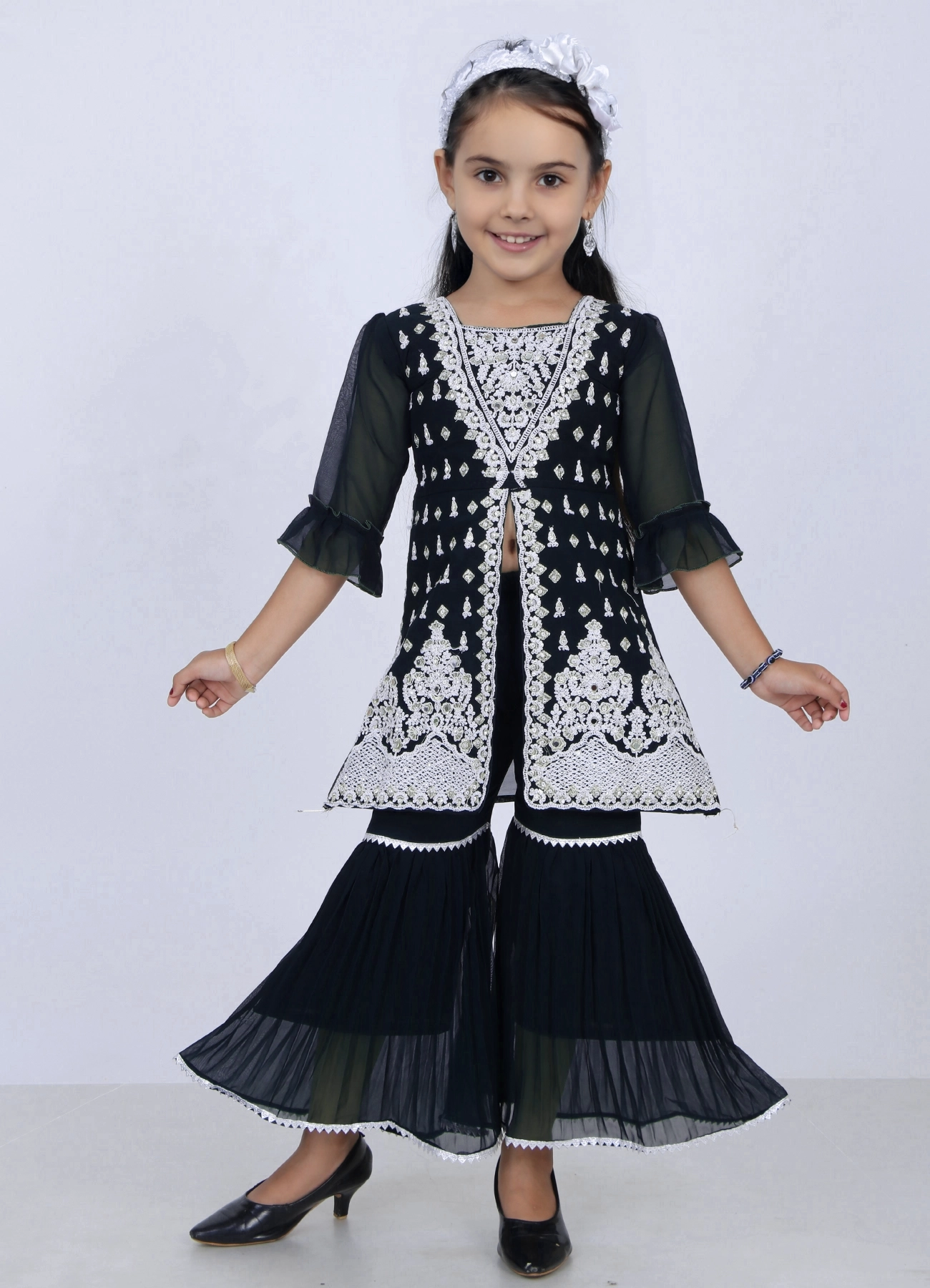 Girls Black Embroidered Sharara Set | Wedding Ethnic Dress | 5–10Y Girls Black Embroidered Sharara Set | Wedding Ethnic Dress | 5–10Y | Shop X Now