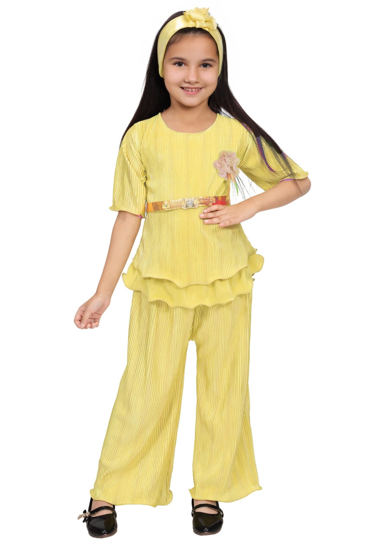 Girls Golden Yellow Co-ord Set with Belt | Cotton Blend | 4-10Y Girls Golden Yellow Co-ord Set with Belt | Cotton Blend | 4-10Y - Image 3 | Shop X Now