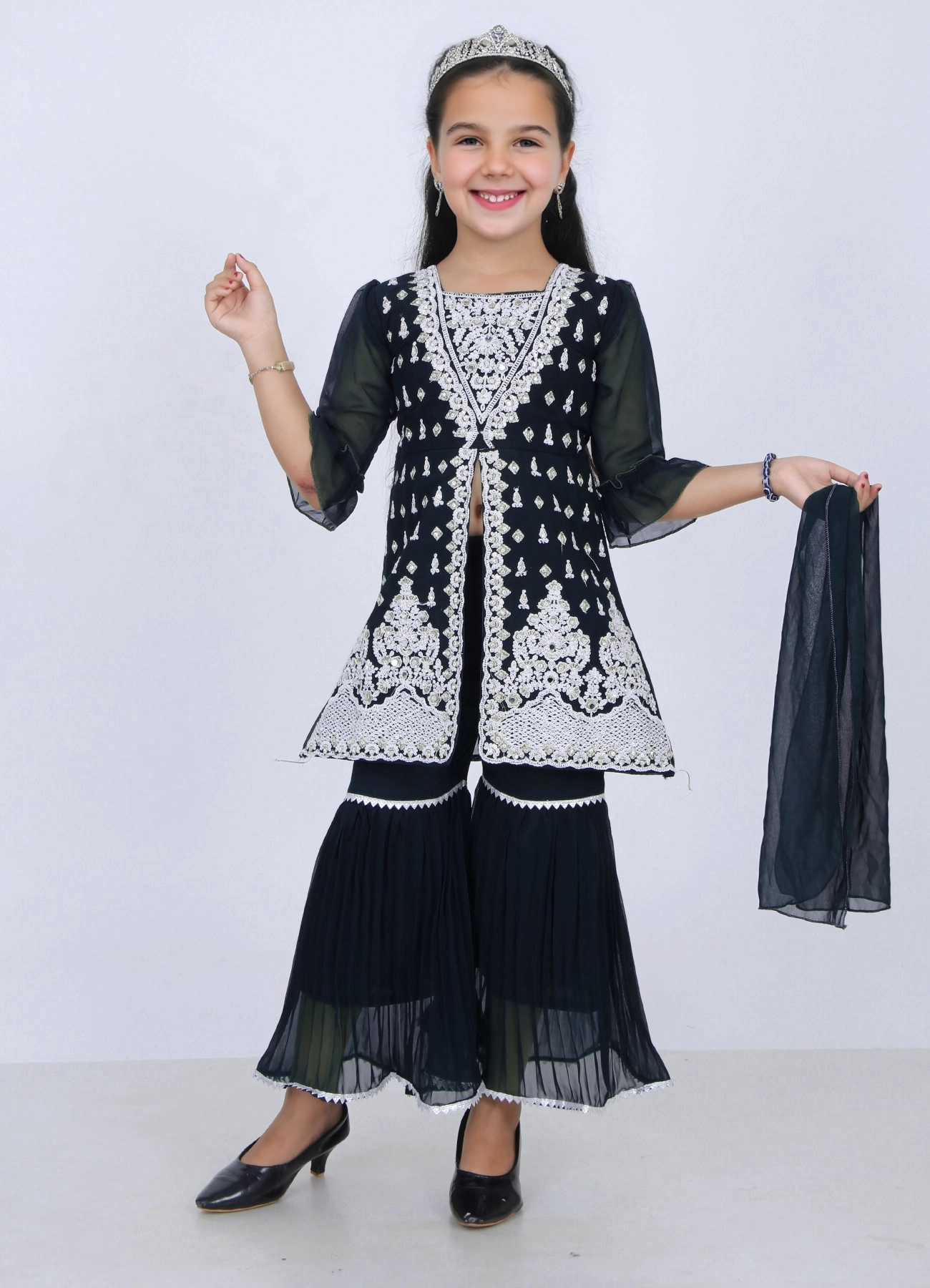 Girls Black Embroidered Sharara Set | Wedding Ethnic Dress | 5–10Y Girls Black Embroidered Sharara Set | Wedding Ethnic Dress | 5–10Y - Image 4 | Shop X Now