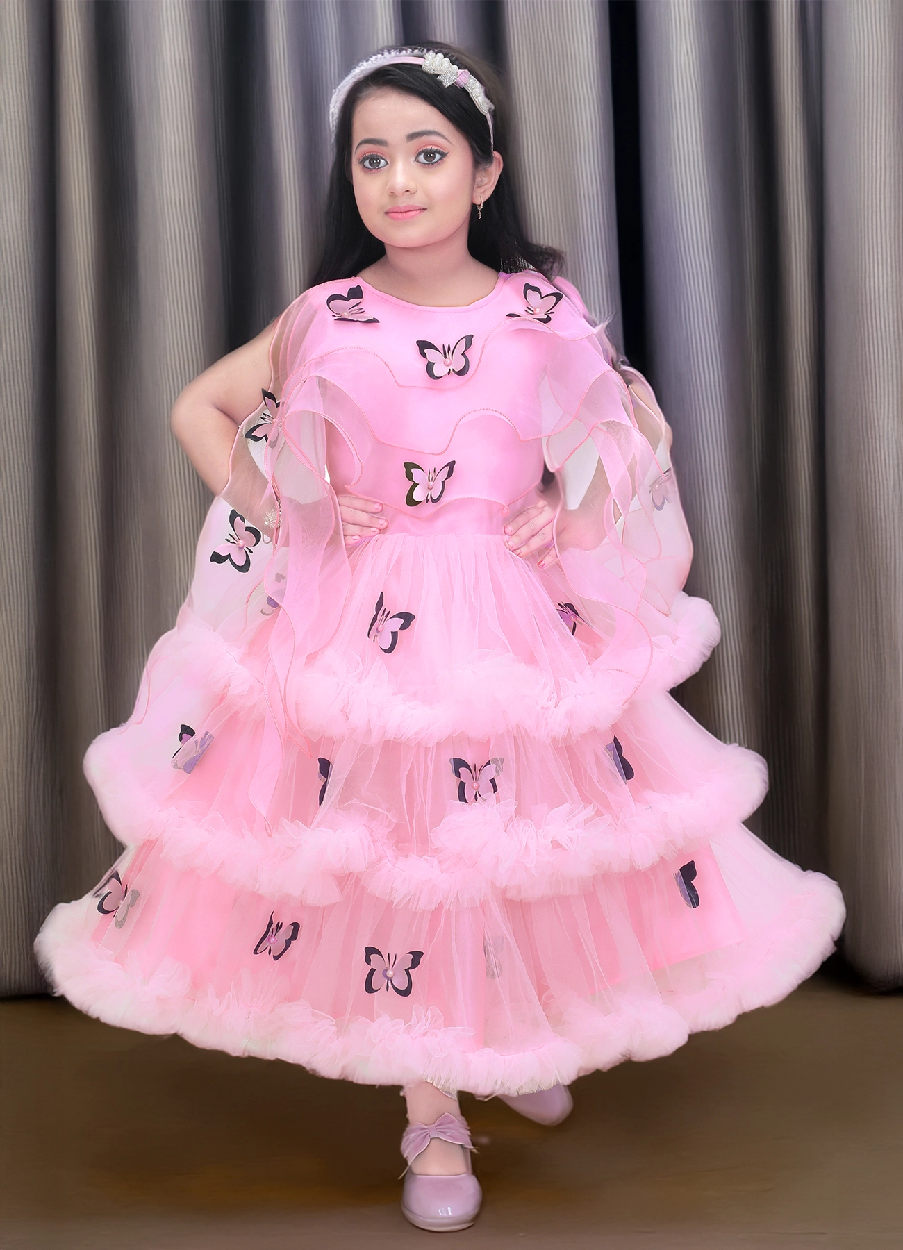 Pink Butterfly Net Frock for Girls - Party Wear