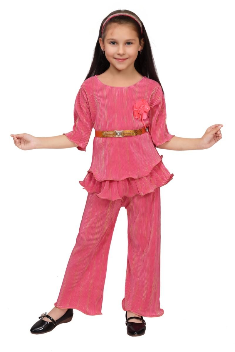 Alternative view of Girls Tomato Color Co-ord Set with Belt | Cotton Blend | 4-10Y | Shop X Now