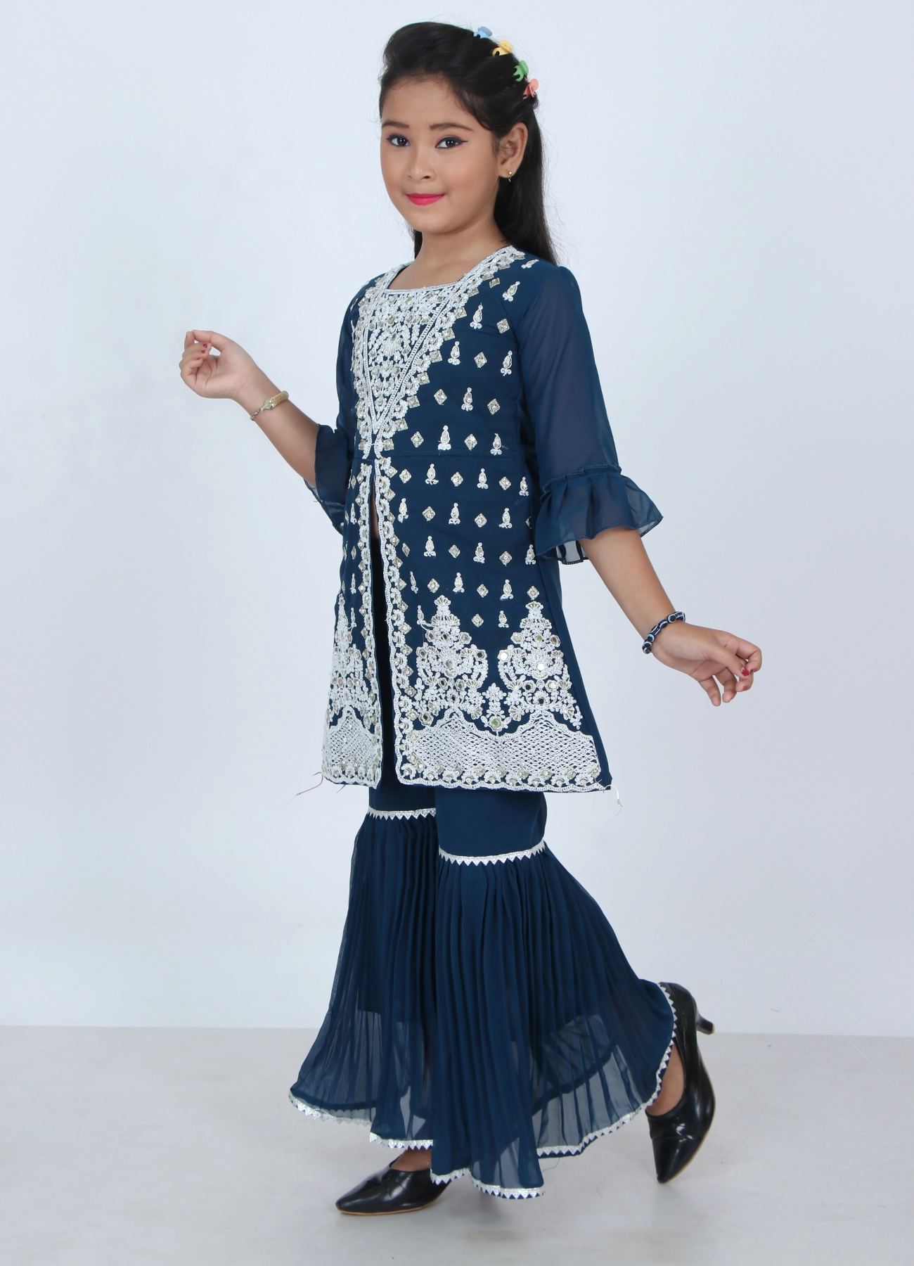 Girls Firoza Embroidered Sharara Set | Festive Ethnic Wear | 5–10Y Girls Firoza Embroidered Sharara Set | Festive Ethnic Wear | 5–10Y - Image 3 | Shop X Now