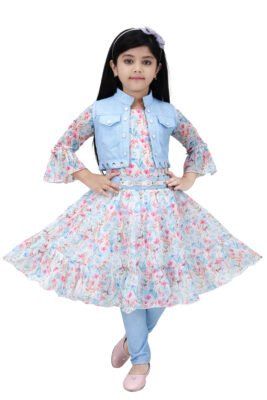 Girls Floral Print Dress with Light Blue Denim Jacket and Belt