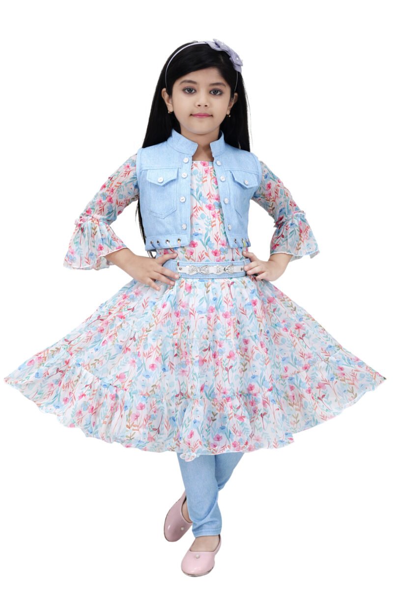 Girls Floral Print Dress with Light Blue Denim Jacket and Belt