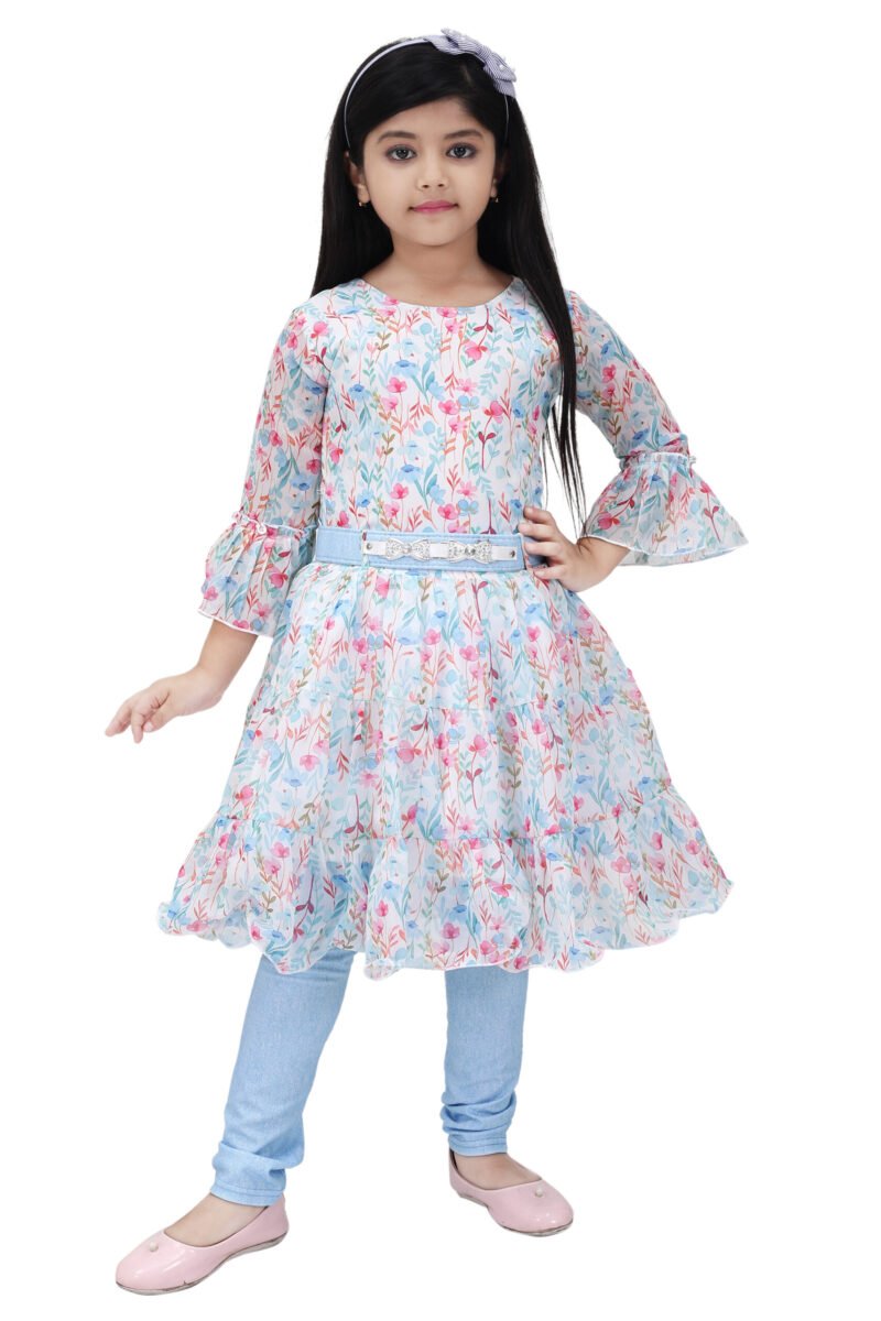 Alternative view of Girls Floral Print Dress with Light Blue Denim Jacket and Belt