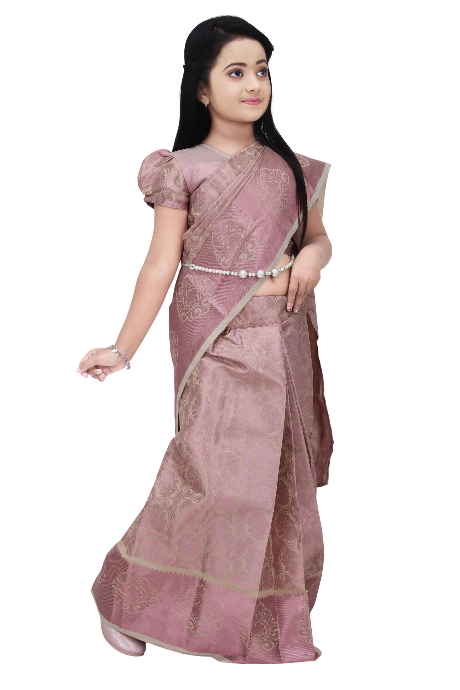 Girls Traditional Banarasi Silk Saree – Pink - Image 2