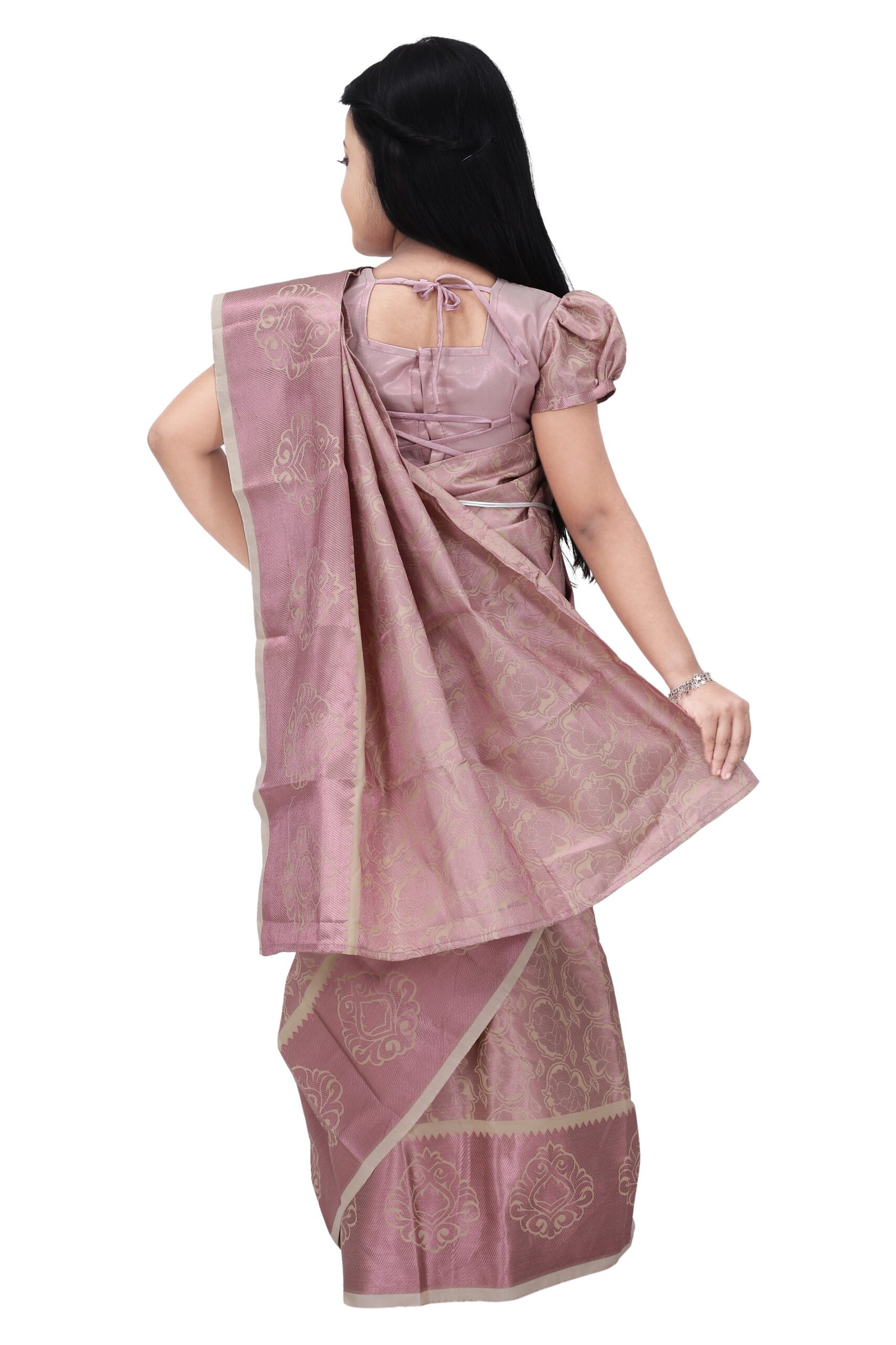 Girls Traditional Banarasi Silk Saree – Pink - Image 3