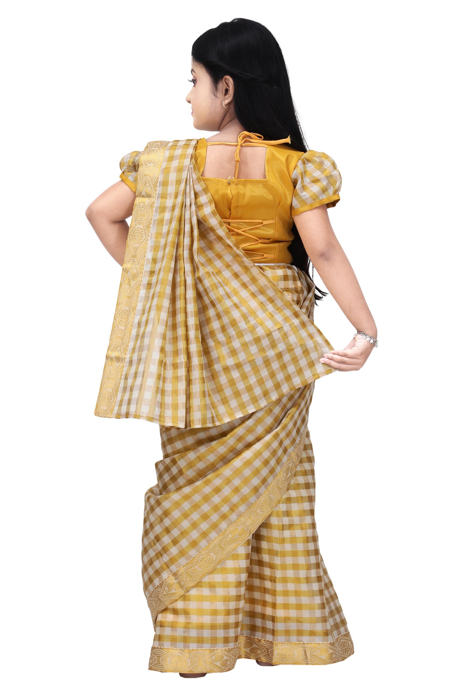 Girls Traditional Checked Silk Saree – Mustard Yellow with Golden Border - Image 3