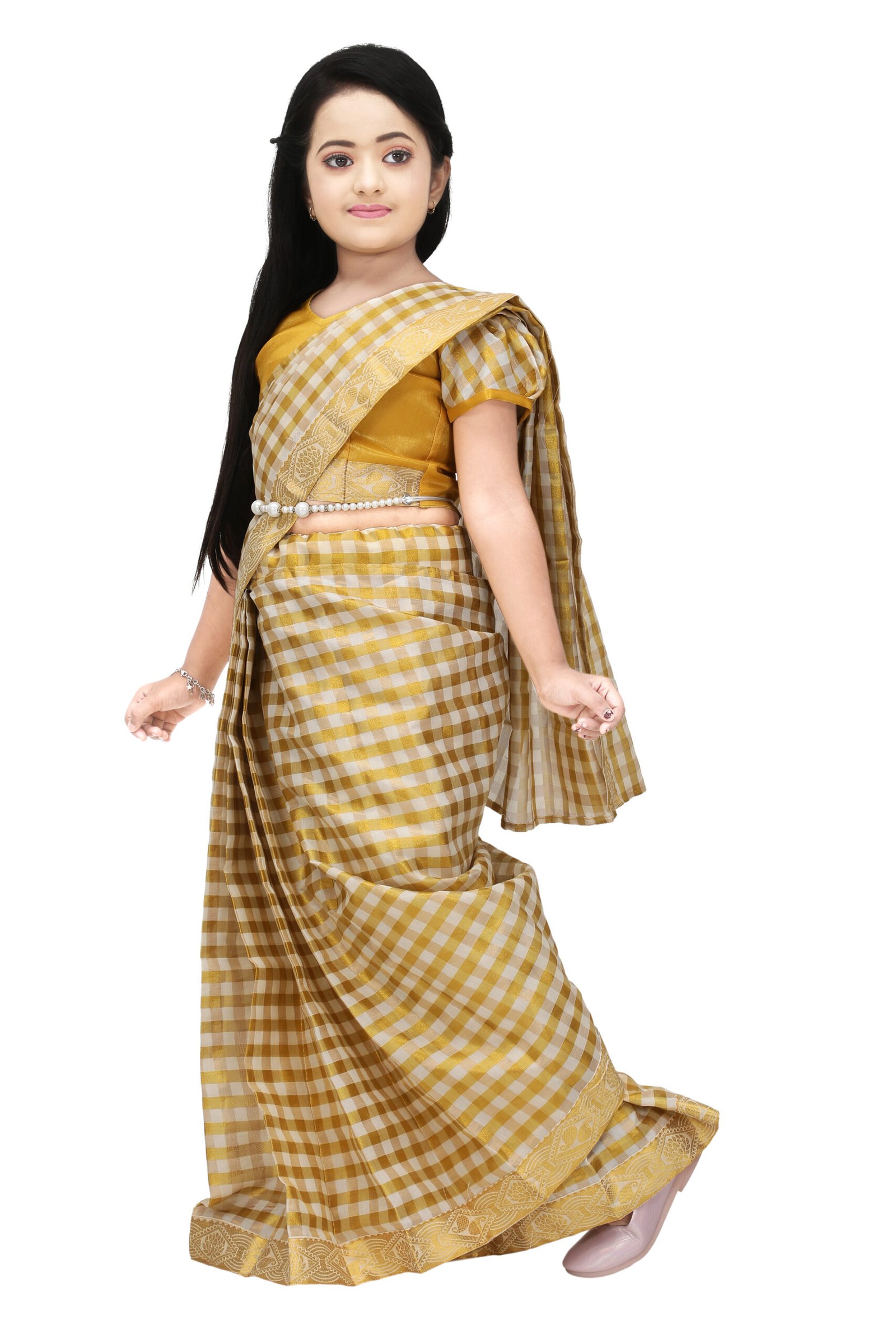 Girls Traditional Checked Silk Saree – Mustard Yellow with Golden Border - Image 2