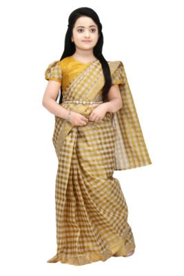 Girls Traditional Checked Silk Saree – Mustard Yellow with Golden Border