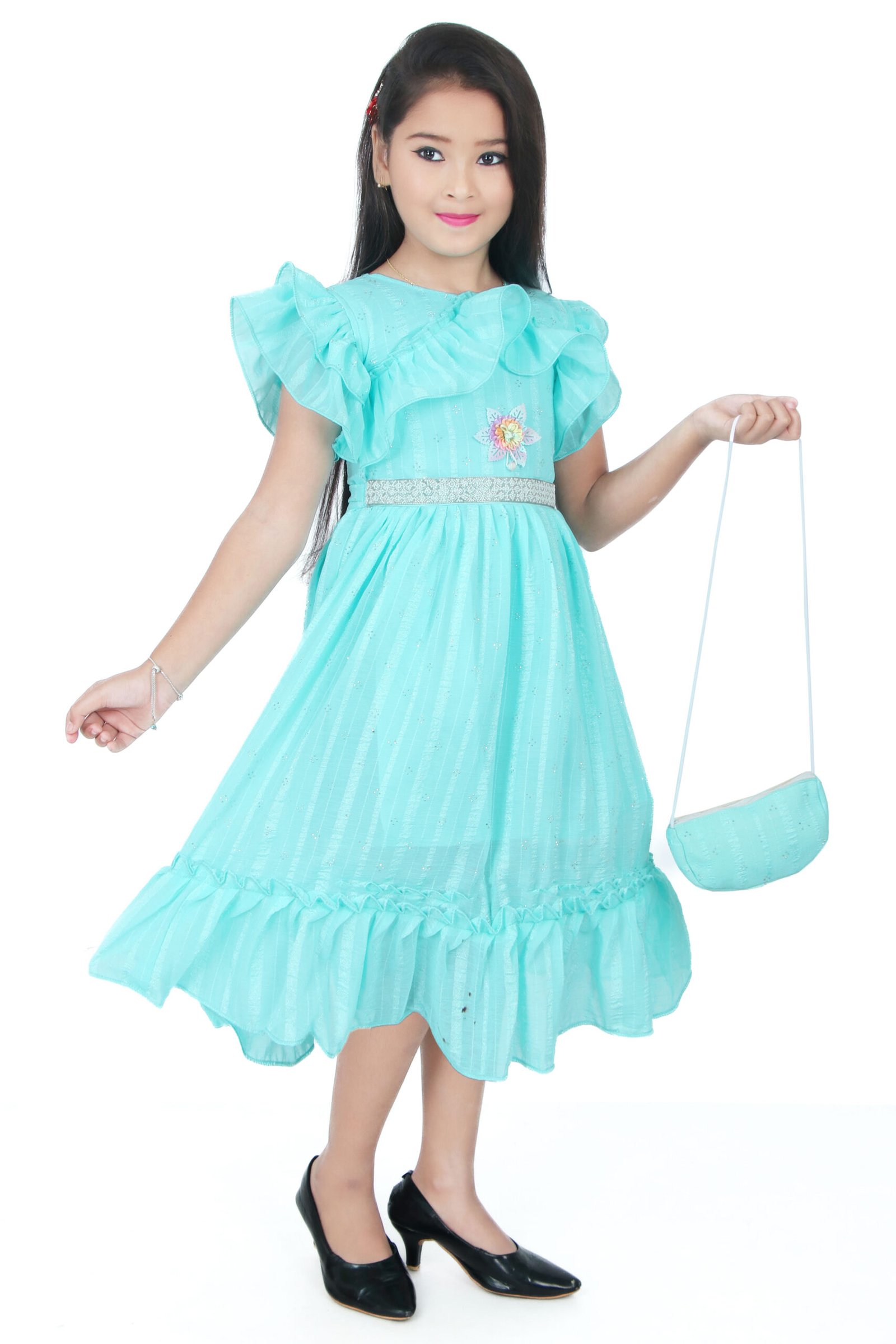 Girls Sky Blue Frill Frock with Matching Handbag – Fancy Party Wear - Image 3