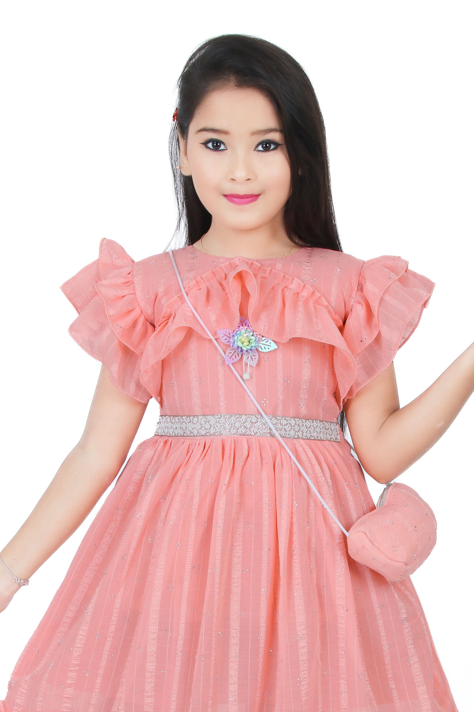 Girls Peach Frill Frock with Matching Handbag – Stylish Party Wear - Image 4