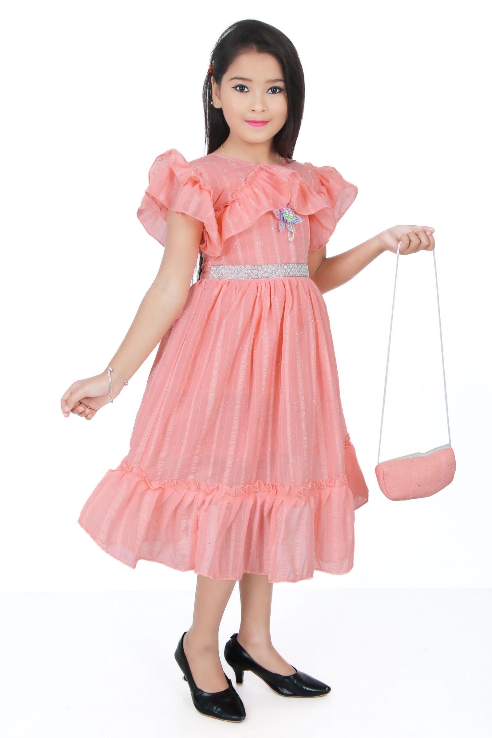 Girls Peach Frill Frock with Matching Handbag – Stylish Party Wear - Image 3