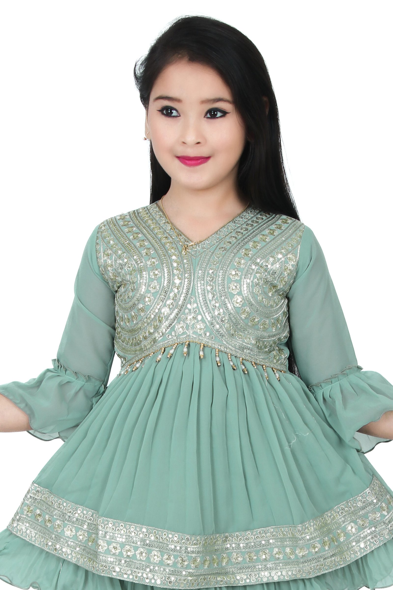 Girls Green Embroidered Kurti with Sharara Set – Ethnic Party Wear - Image 4
