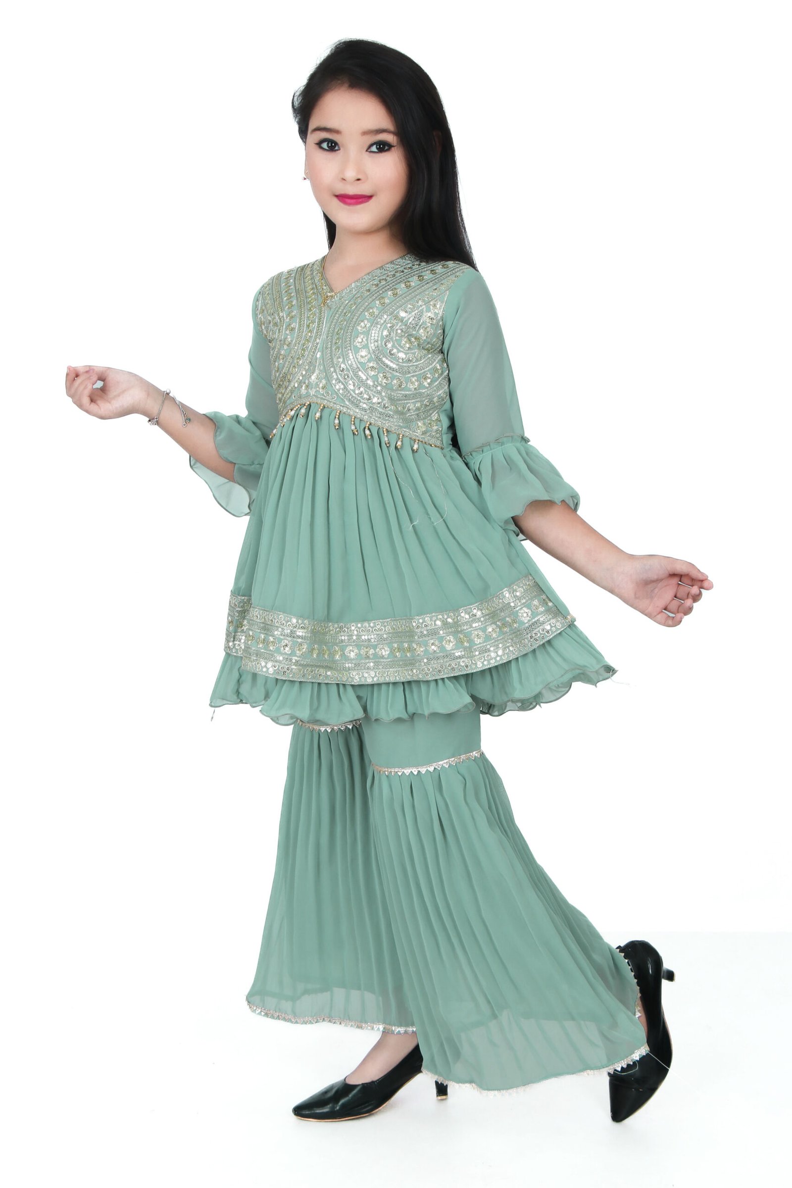 Girls Green Embroidered Kurti with Sharara Set – Ethnic Party Wear - Image 3