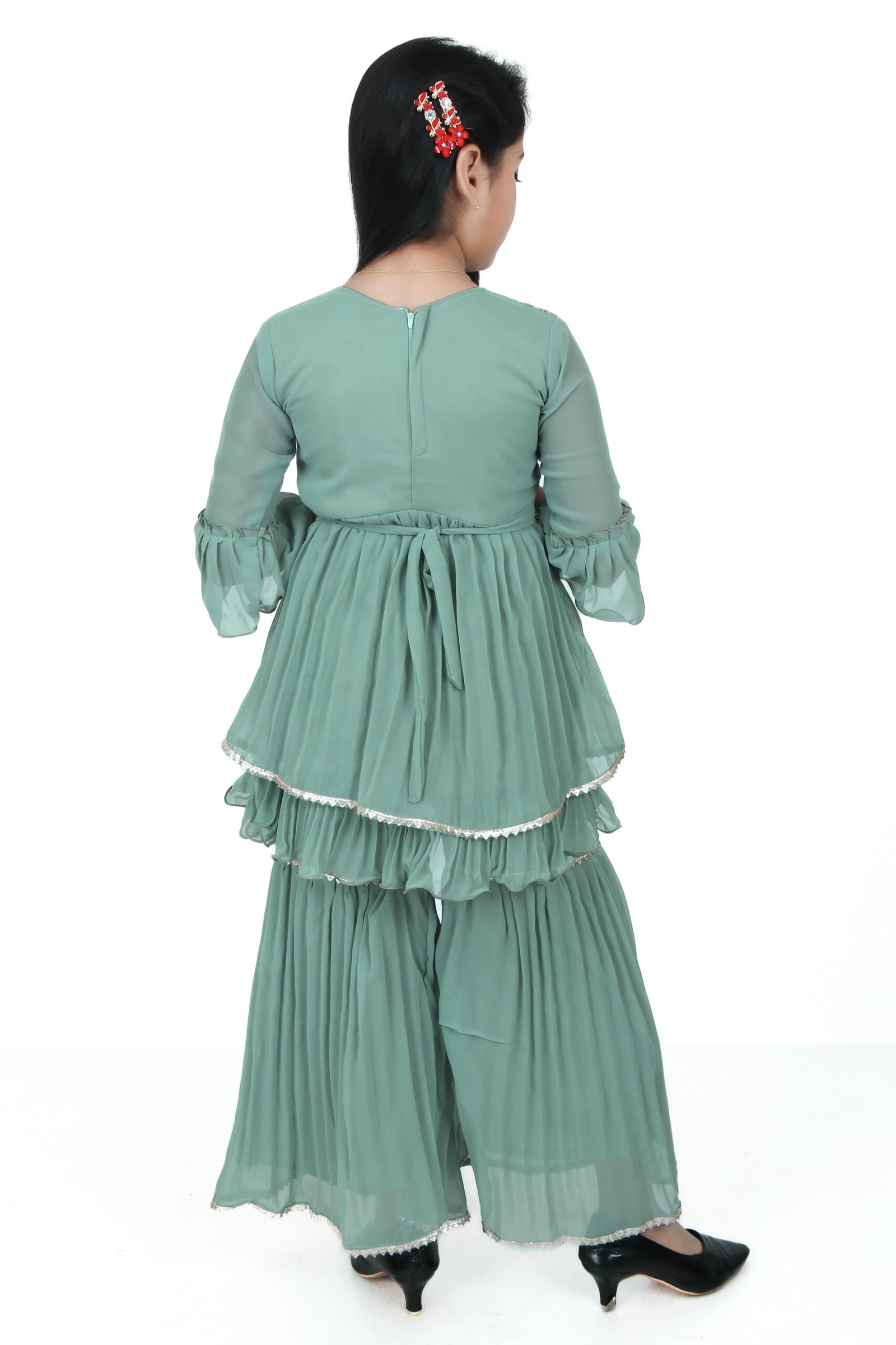 Girls Green Embroidered Kurti with Sharara Set – Ethnic Party Wear - Image 2