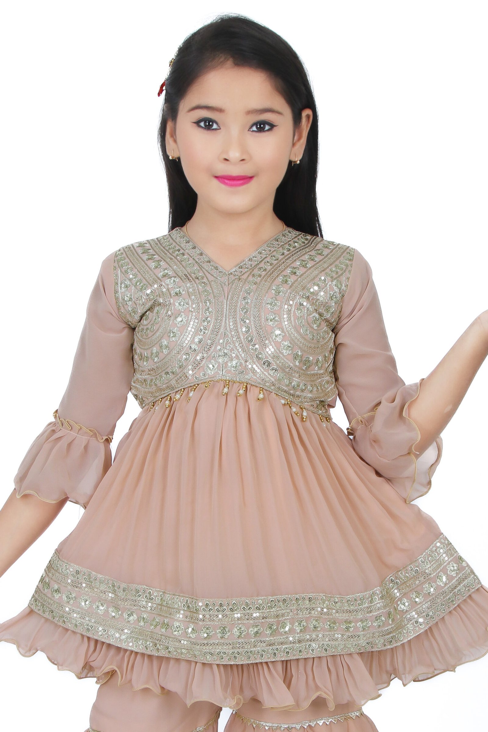 Girls Peach Embroidered Kurti with Sharara Set – Festive & Party Wear - Image 4
