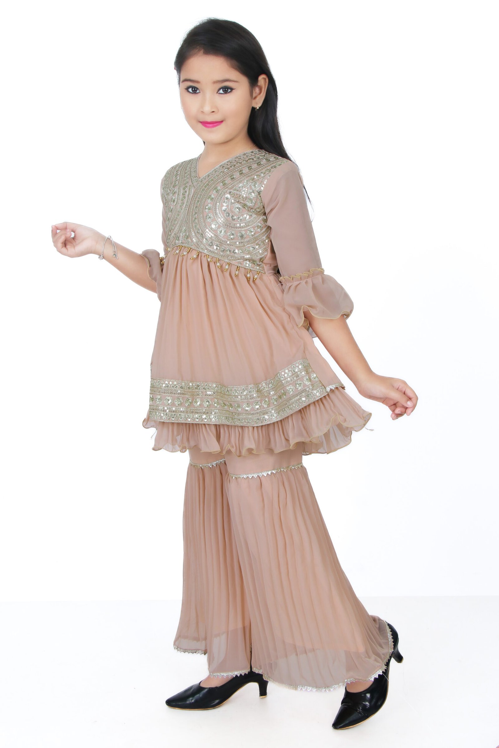 Girls Peach Embroidered Kurti with Sharara Set – Festive & Party Wear - Image 3