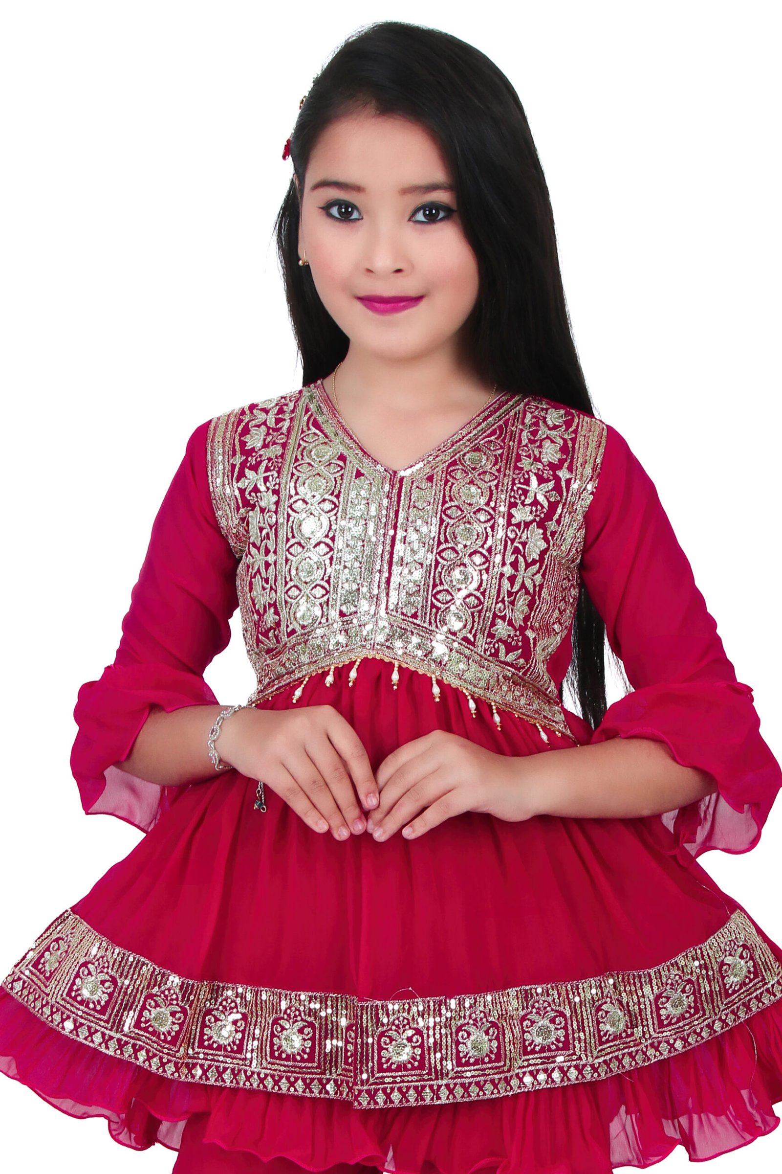 Girls Dark Pink Embroidered Kurti with Sharara Set – Traditional Party Wear - Image 4