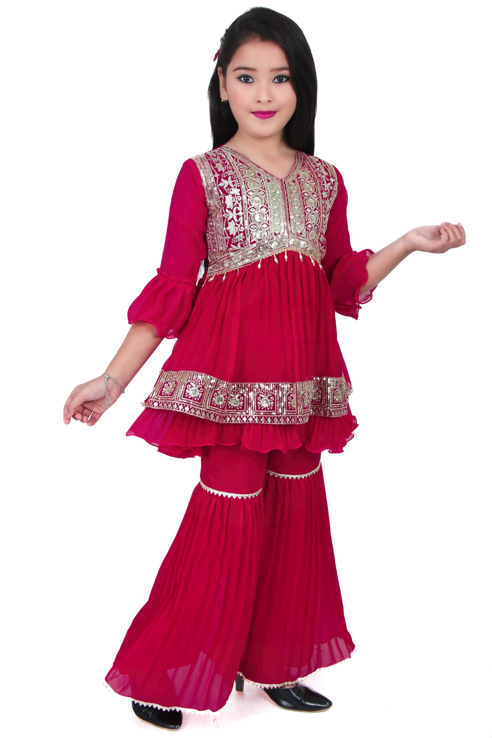 Girls Dark Pink Embroidered Kurti with Sharara Set – Traditional Party Wear - Image 3