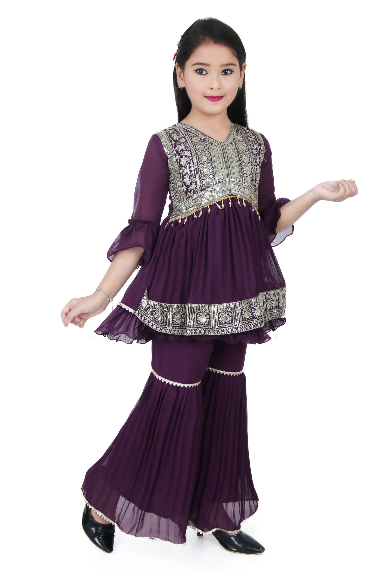 Girls Purple Embroidered Kurti with Sharara Set – Ethnic Party Wear - Image 3