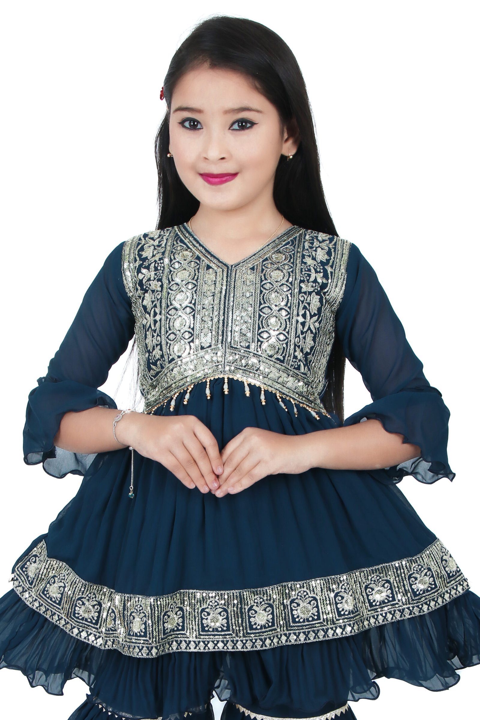 Girls Navy Blue Embroidered Kurti with Sharara Set – Festive Traditional Wear - Image 4