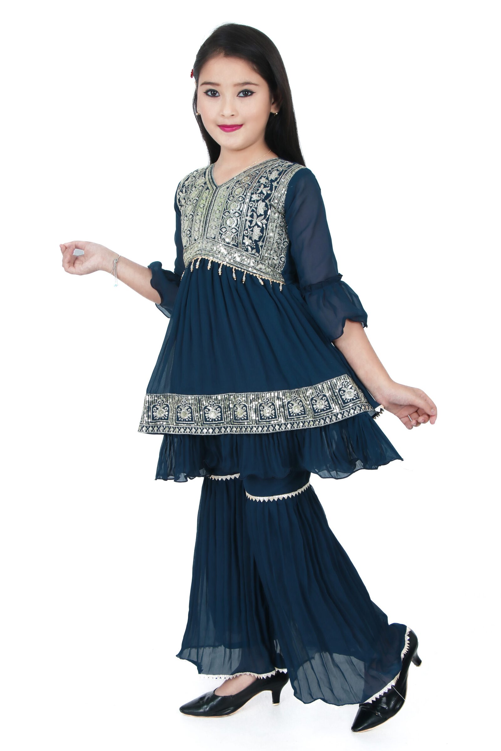 Girls Navy Blue Embroidered Kurti with Sharara Set – Festive Traditional Wear - Image 3