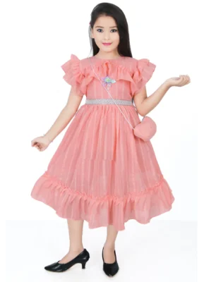 Girls Peach Frill Frock with Matching Handbag – Stylish Party Wear