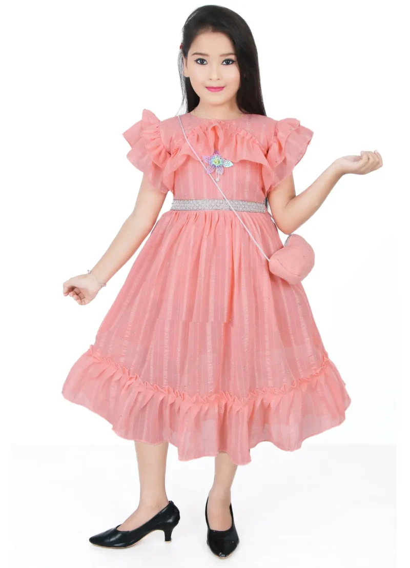 Girls Peach Frill Frock with Matching Handbag – Stylish Party Wear Girls Peach Frill Frock with Matching Handbag – Stylish Party Wear | Shop X Now