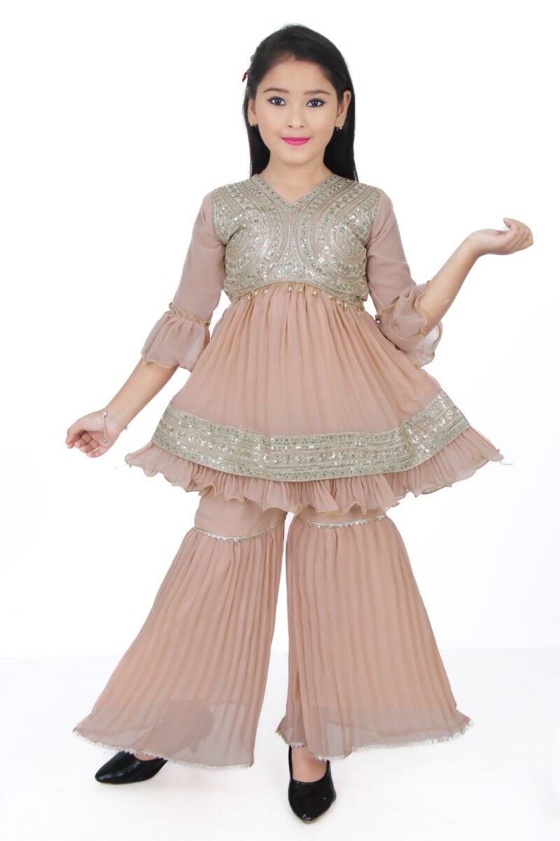 Girls Peach Embroidered Kurti with Sharara Set – Festive & Party Wear Girls Peach Embroidered Kurti with Sharara Set – Festive & Party Wear | Shop X Now