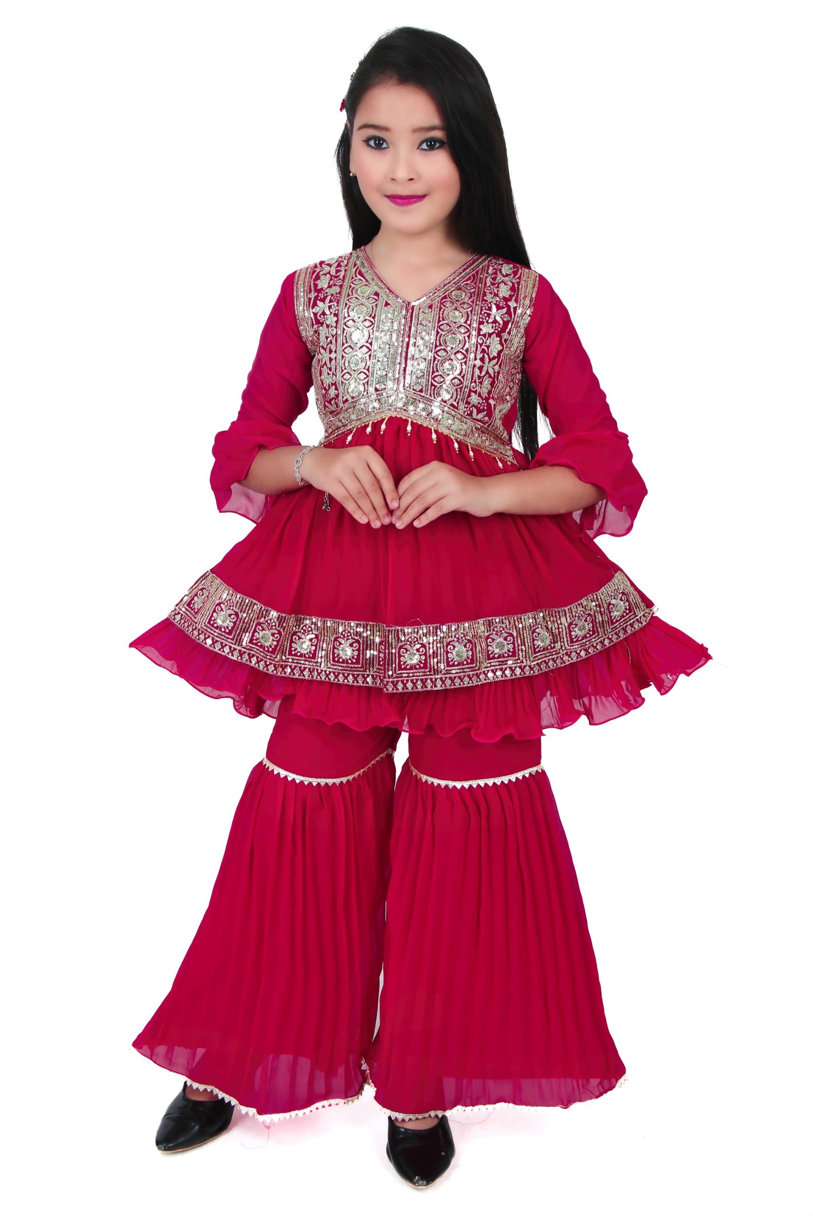 Girls Dark Pink Embroidered Kurti with Sharara Set – Traditional Party Wear