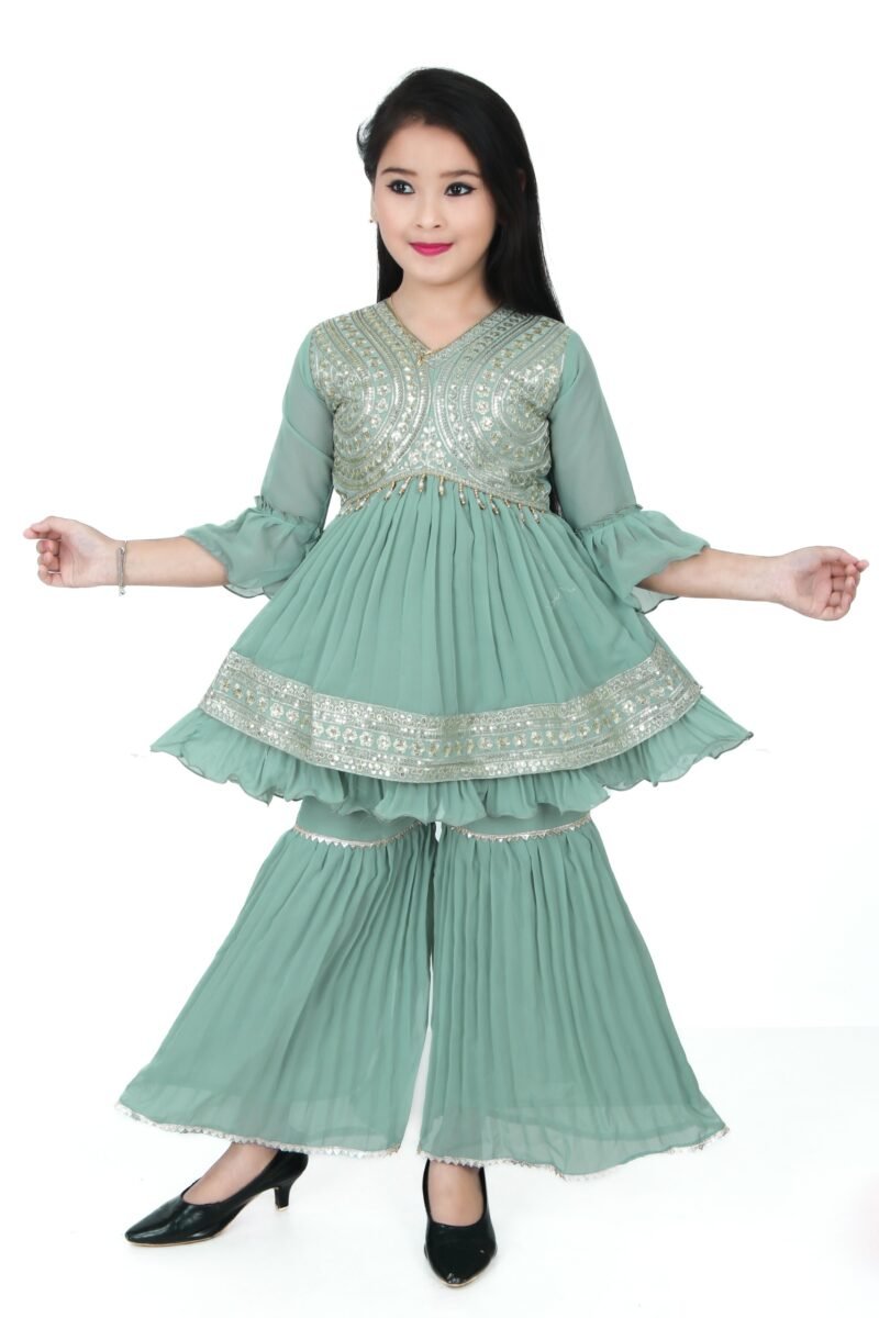 Girls Green Embroidered Kurti with Sharara Set – Ethnic Party Wear Girls Green Embroidered Kurti with Sharara Set – Ethnic Party Wear | Shop X Now