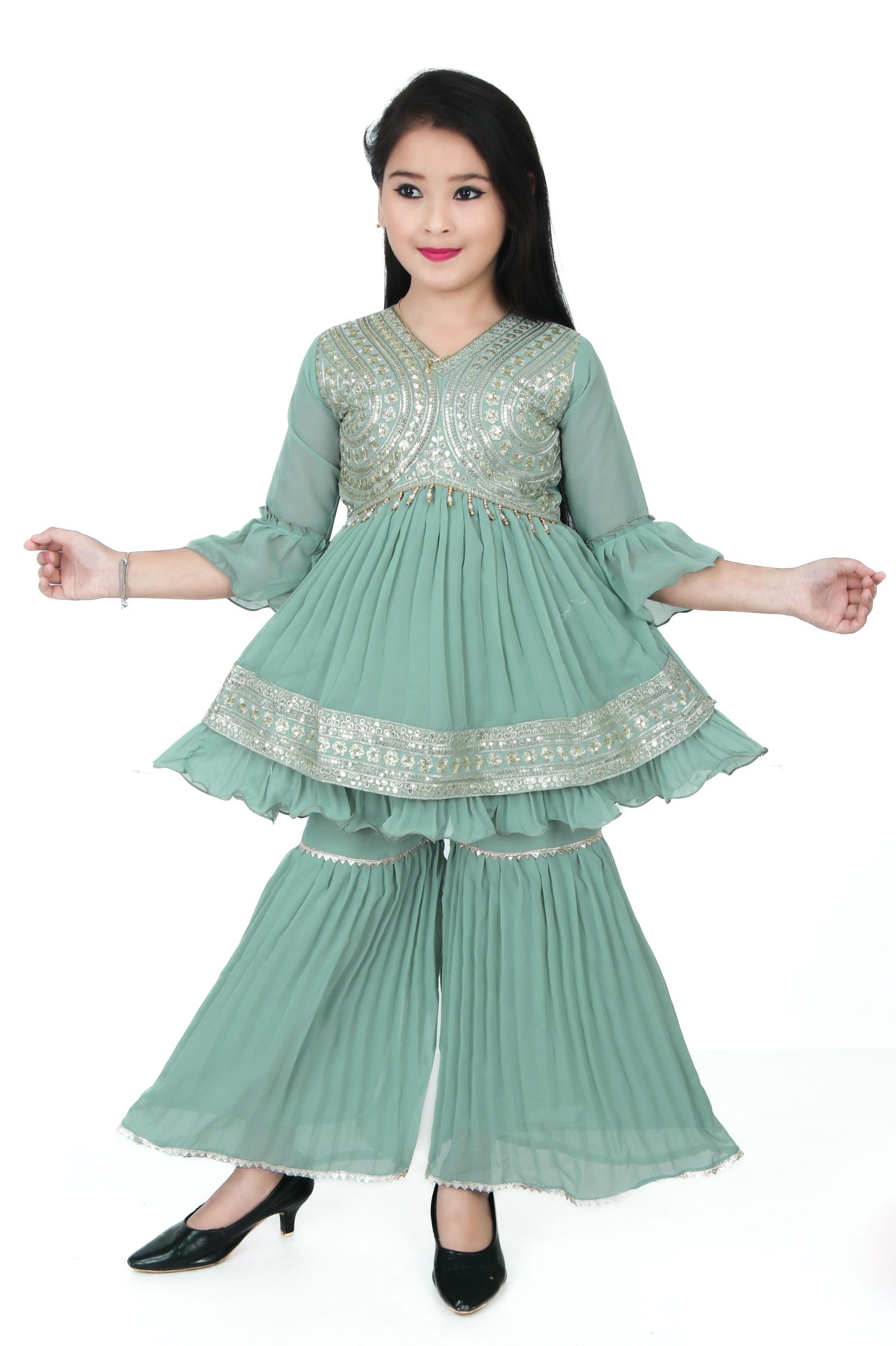 Girls Green Embroidered Kurti with Sharara Set – Ethnic Party Wear