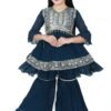 Girls Navy Blue Embroidered Kurti with Sharara Set – Festive Traditional Wear | Shop X Now