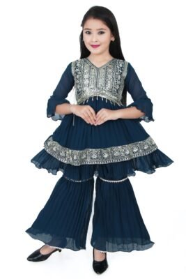 Girls Navy Blue Embroidered Kurti with Sharara Set – Festive Traditional Wear