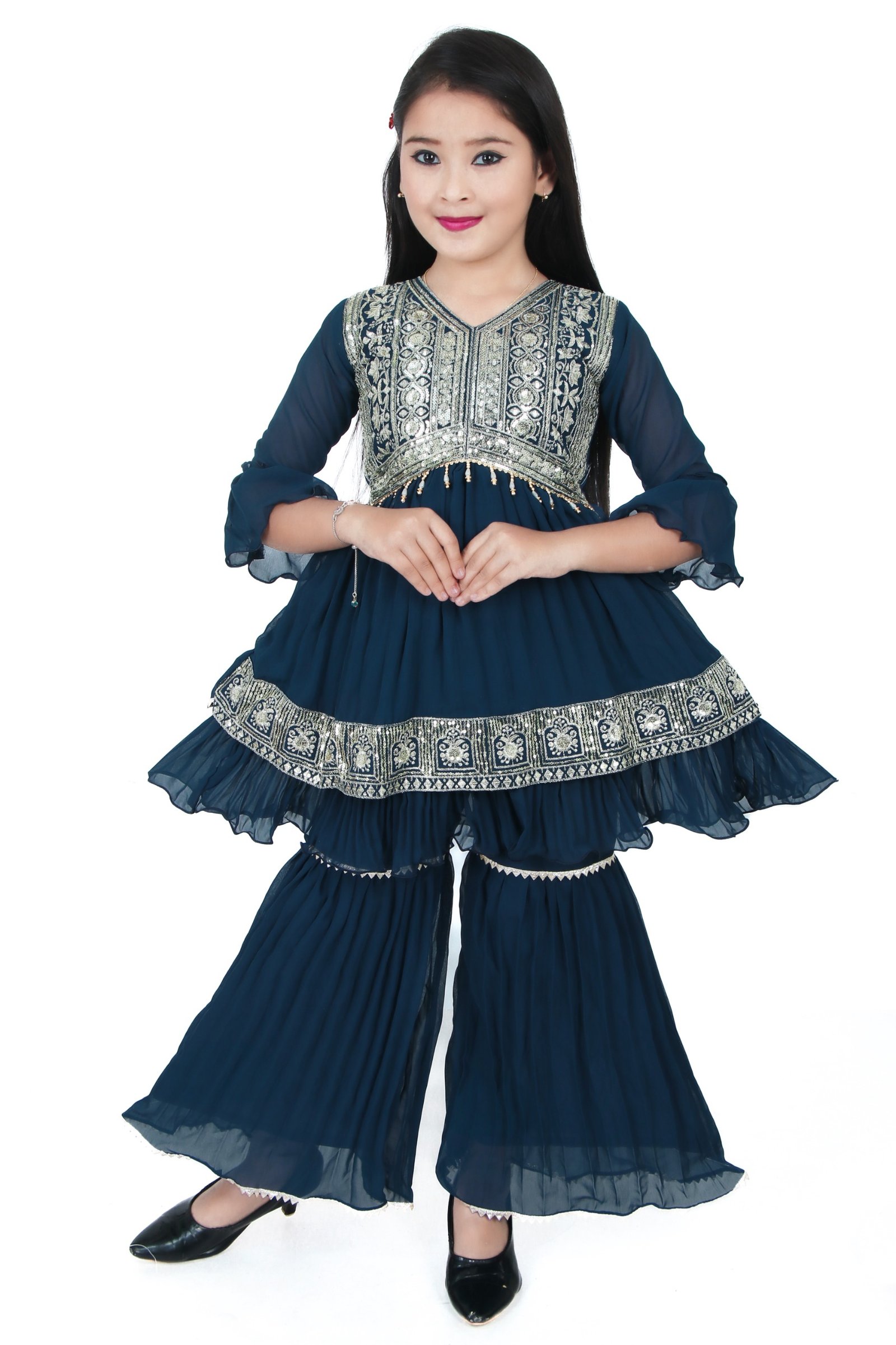 Girls Navy Blue Embroidered Kurti with Sharara Set – Festive Traditional Wear