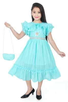 Girls Sky Blue Frill Frock with Matching Handbag – Fancy Party Wear