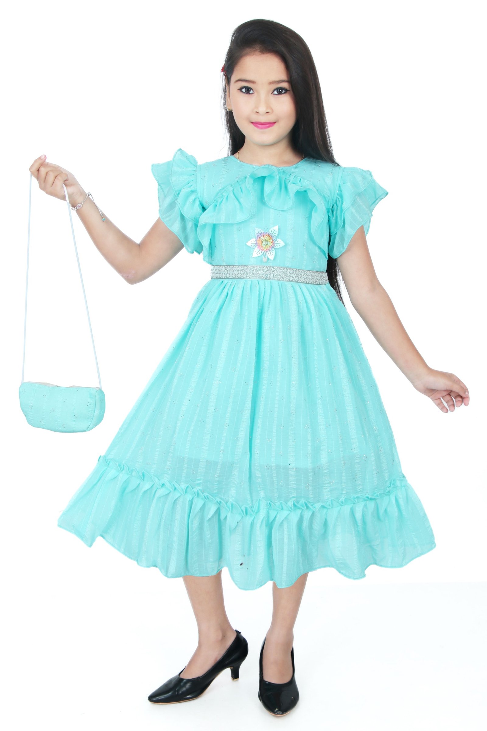 Girls Sky Blue Frill Frock with Matching Handbag – Fancy Party Wear