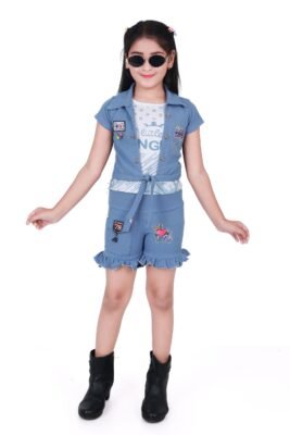Girls Blue Co-ord Set with Shorts and Jacket – Trendy Western Wear for Kids