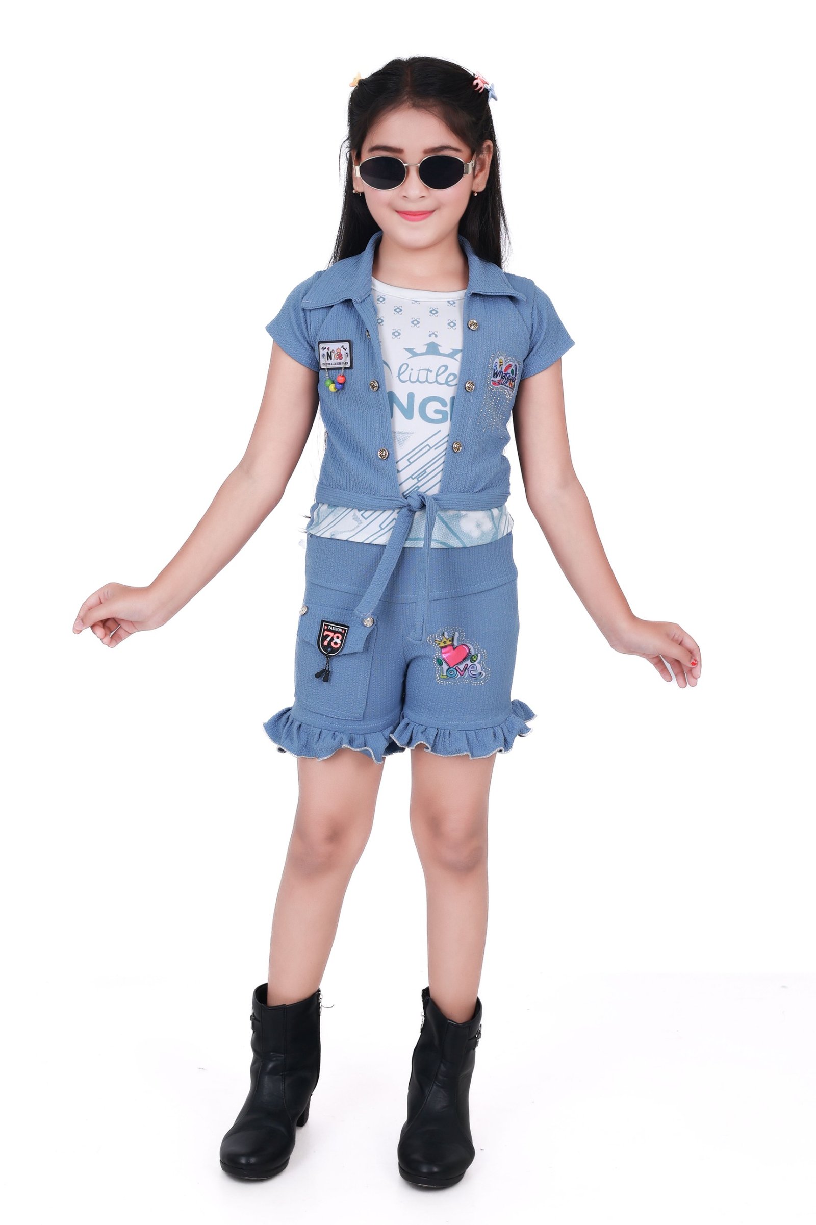Girls Blue Co-ord Set with Shorts and Jacket – Trendy Western Wear for Kids