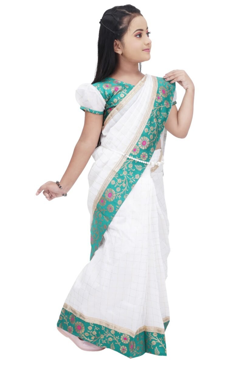 Alternative view of Girls Traditional White and Green Saree Dress – Ethnic Party Wear for Kids