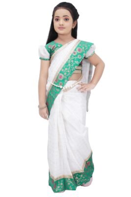 Girls Traditional White and Green Saree Dress – Ethnic Party Wear for Kids