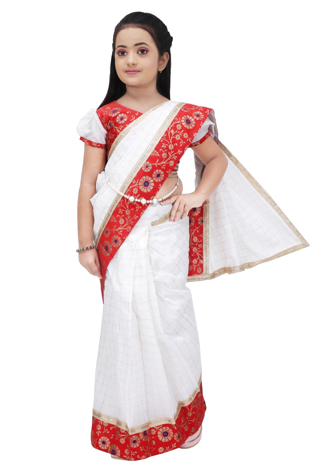 Girls Red and White Traditional Saree Dress – Ethnic Festival Wear for Kids - Image 3