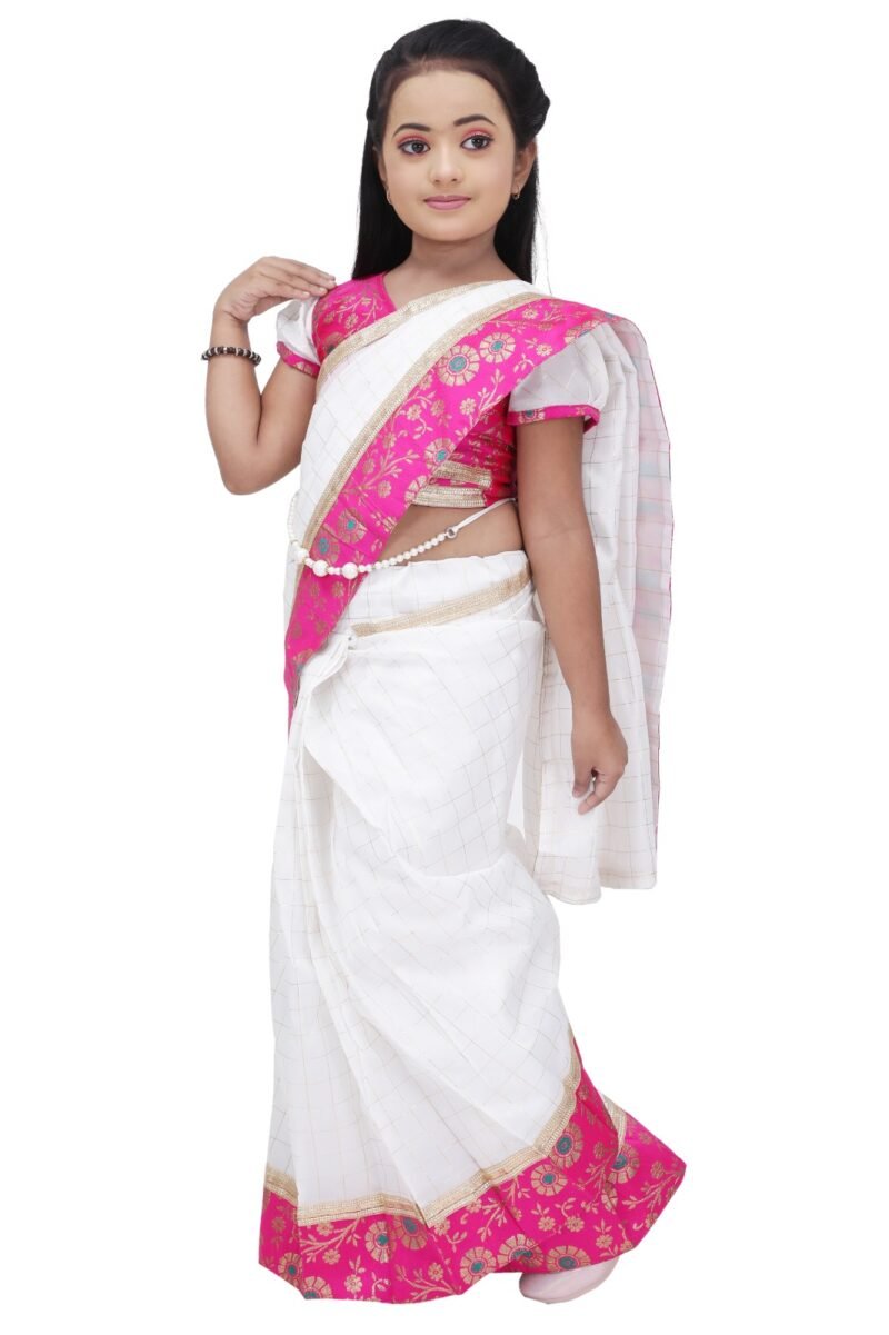 Alternative view of Girls Pink and White Traditional Saree Dress – Ethnic Festival Wear for Kids