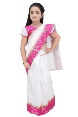 Girls Pink and White Traditional Saree Dress – Ethnic Festival Wear for Kids